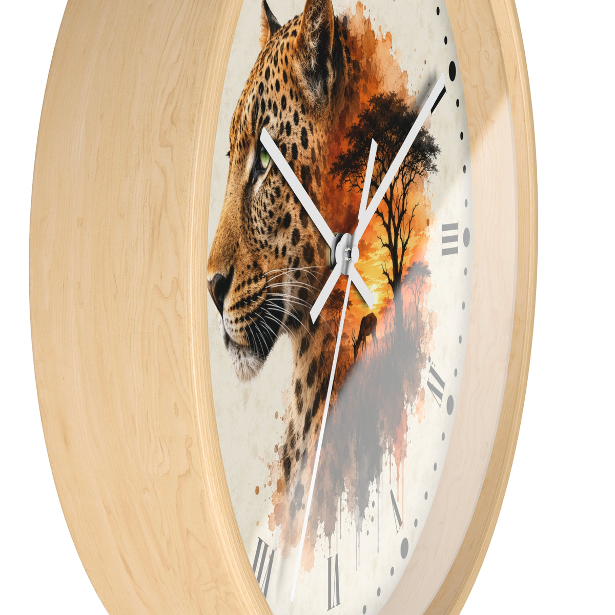 Round wall clock with a light natural wood frame and a printed face featuring a leopard in profile blending into an orange-toned tree silhouette, with white hands and black Roman numerals.