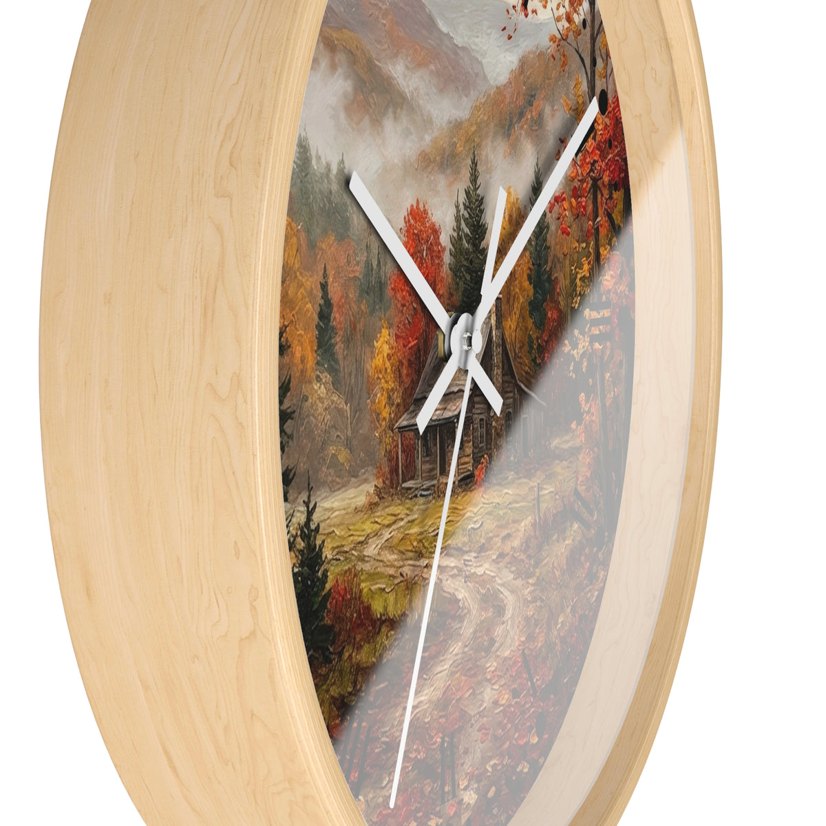 Rustic Autumn Cabin Landscape Wall Clock