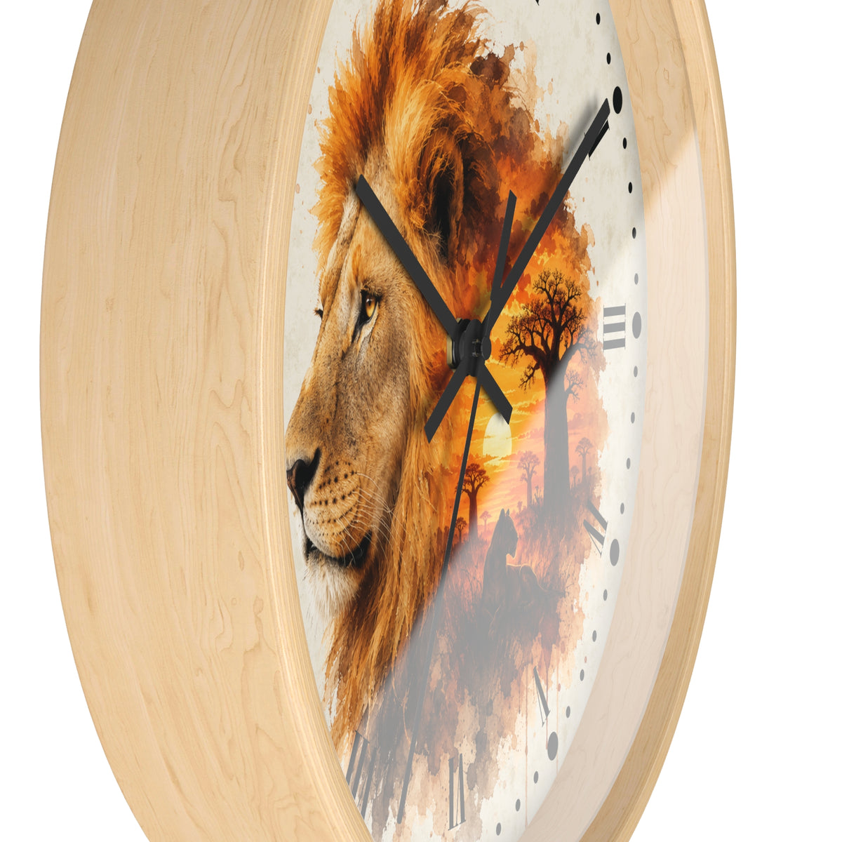 Round wall clock with a light natural wood frame and a printed lion face over an African savanna sunset scene on the dial, shown against a plain white background.