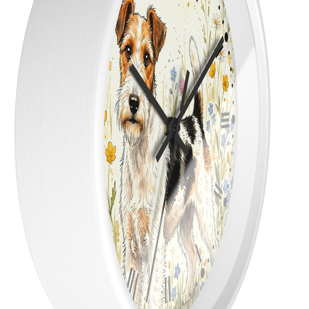 A round wall clock with a white frame and a printed illustration of a wirehaired dog in a floral field, shown against a plain white background.