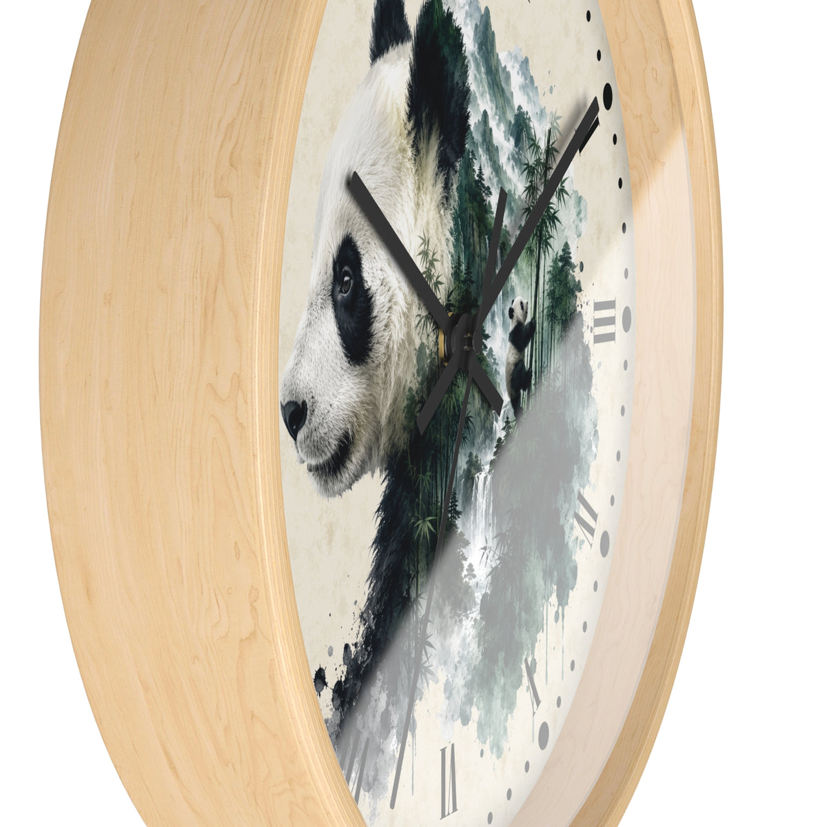 Round wall clock with a light natural wood frame and a printed panda face over a watercolor-style green and gray landscape on the clock face, shown against a plain white background.