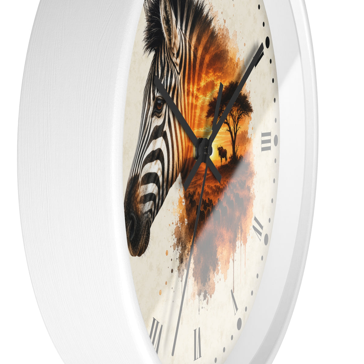 A white round wall clock featuring a printed design of a zebra head merging into an orange sunset landscape with trees, set against a clean white background.