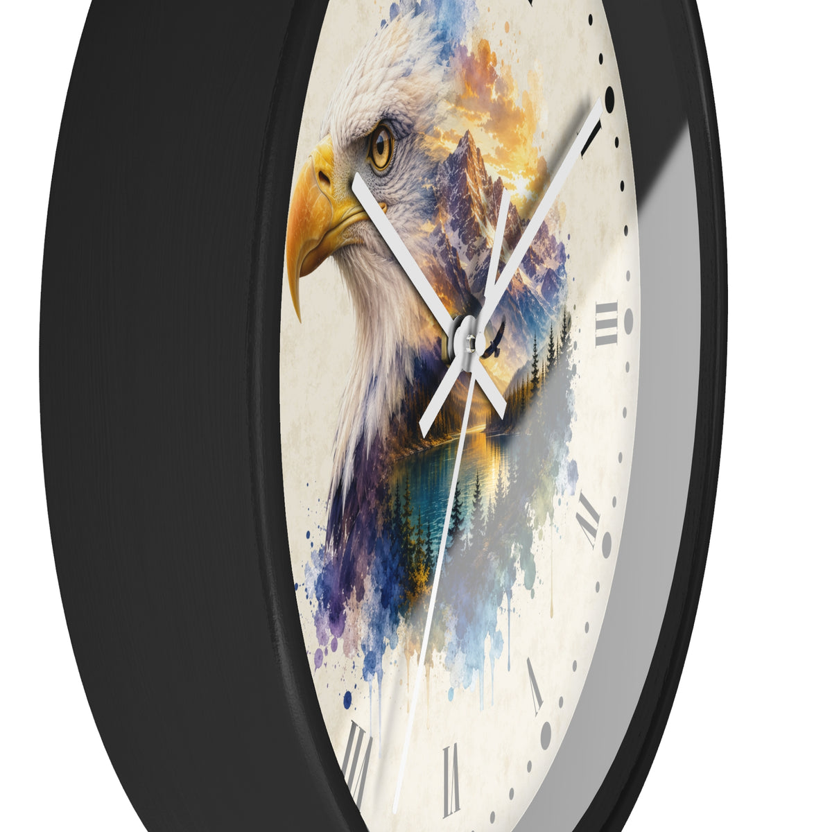 A close-up of a round wall clock with a black frame and a cream-colored face featuring a colorful watercolor-style bald eagle illustration. The clock has white hands and black Roman numerals.