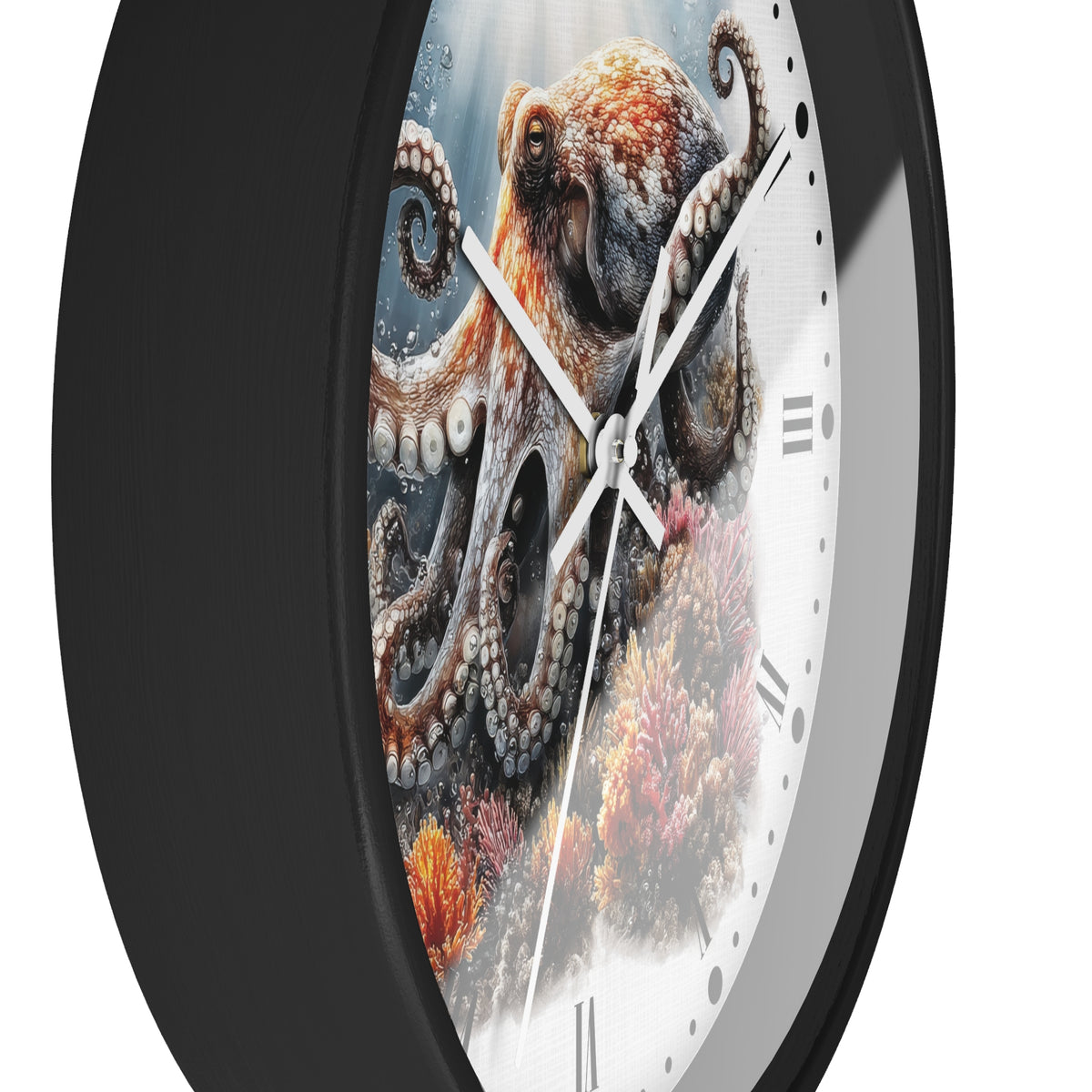 A close-up of a round wall clock with a black frame and a printed octopus underwater scene on the face, with white clock hands and Roman numerals.