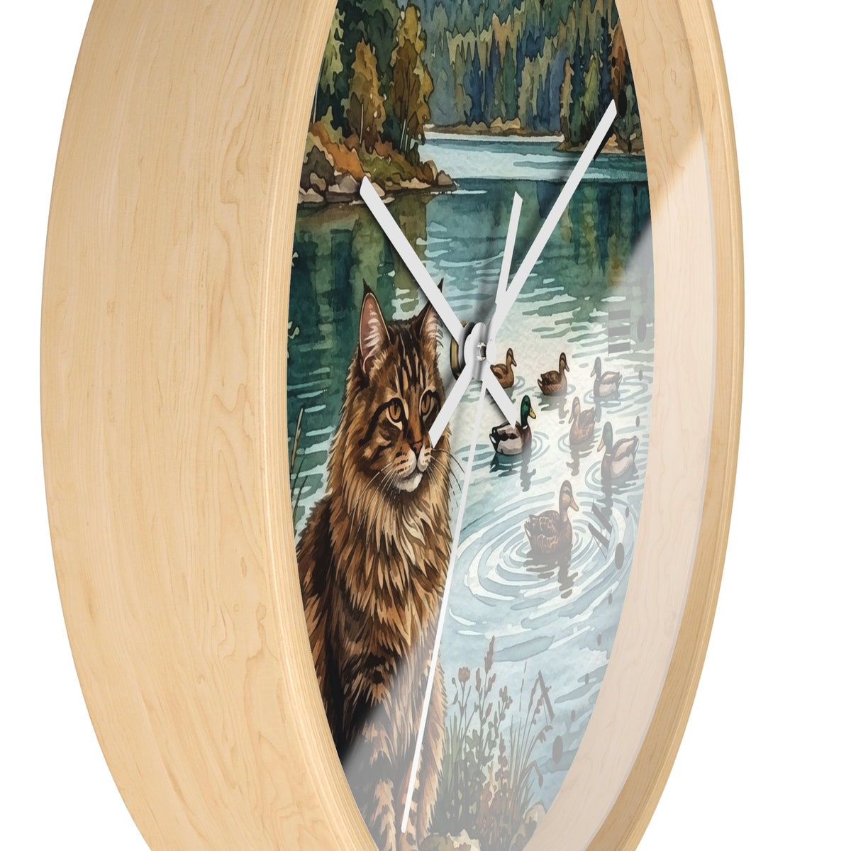 Main Coon Tabby Cat and Ducks by a Peaceful Lakeside Wood Wall Clock