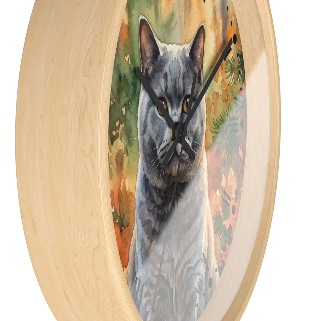 Watercolor Gray Russian Blue Cat in Autumn Pines Wood Wall Clock