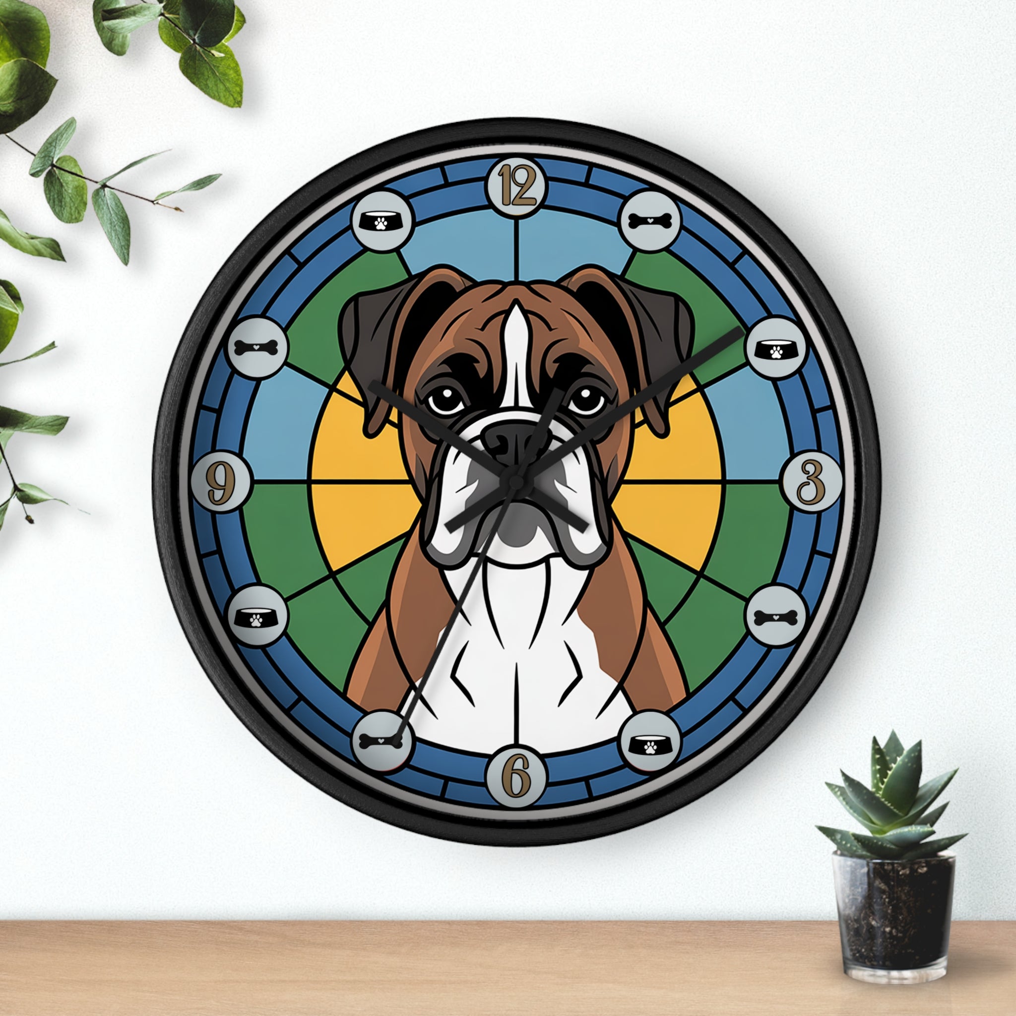 Decorative wall clock with a dog's face design on a white background