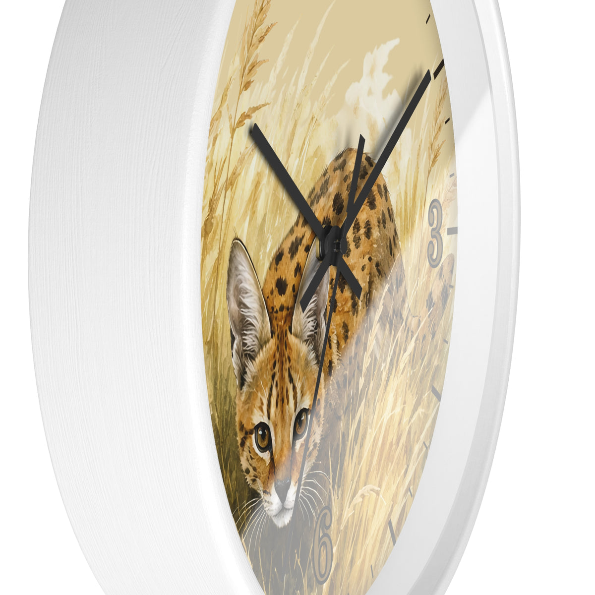 Round wall clock with a white frame and a printed illustration of a spotted big cat in a golden grassy field on the clock face.