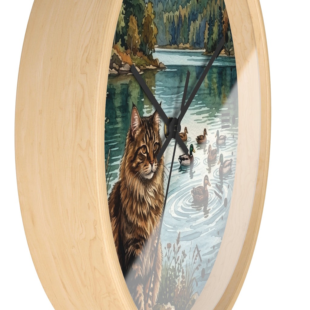 Main Coon Tabby Cat and Ducks by a Peaceful Lakeside Wood Wall Clock
