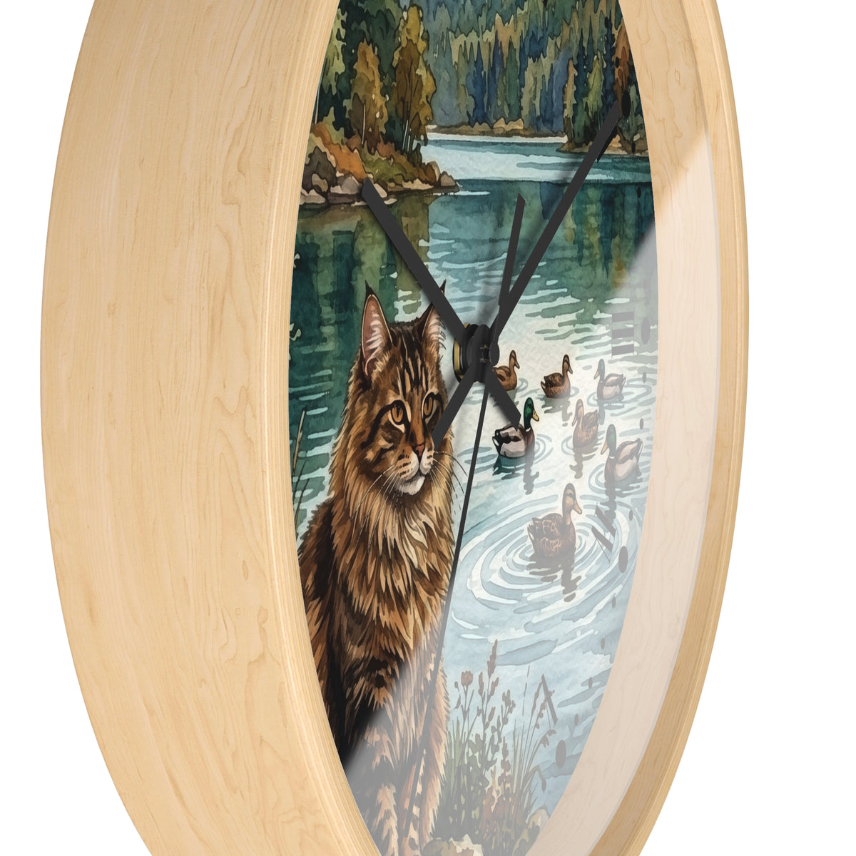 Main Coon Tabby Cat and Ducks by a Peaceful Lakeside Wood Wall Clock
