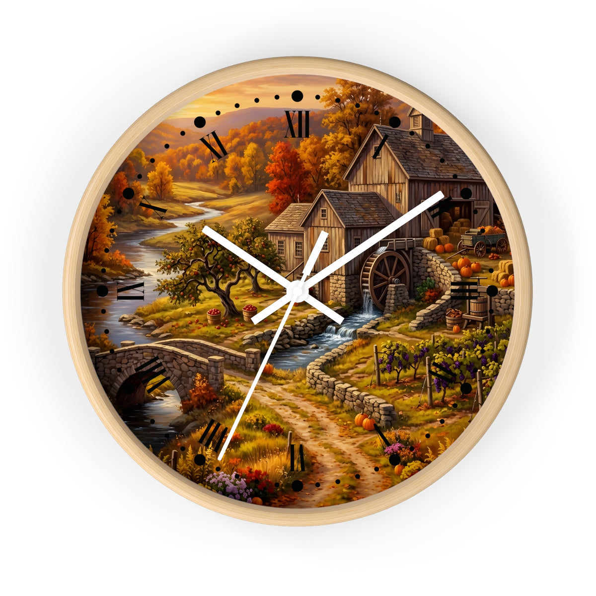 Round wall clock with a light wood frame and a scenic autumn landscape print featuring a watermill, bridge, stream, vineyard, and pumpkins, with white clock hands and black Roman numerals.