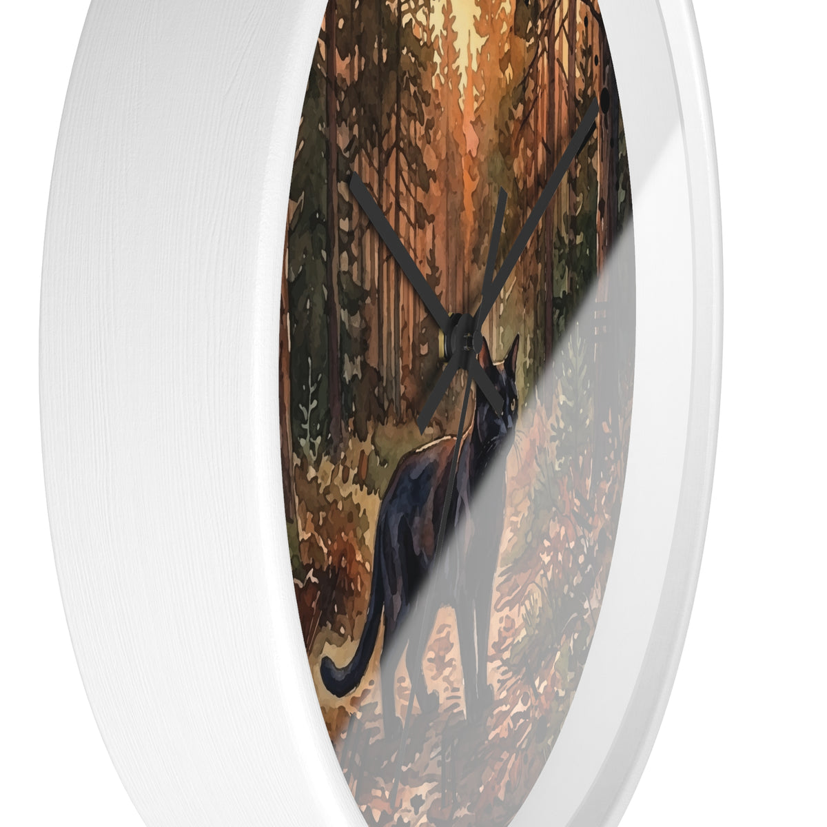 Black Cat Sunset Forest Wall Clock — Autumn Woodland Decor
