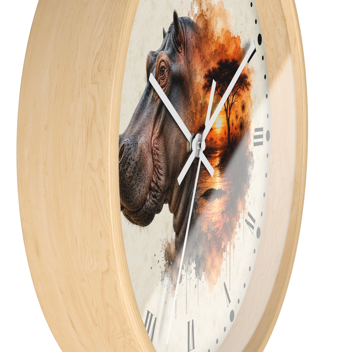 A round wall clock with a light natural wood frame and a printed face featuring a detailed hippopotamus portrait blending into an orange sunset scene, shown on a white background.