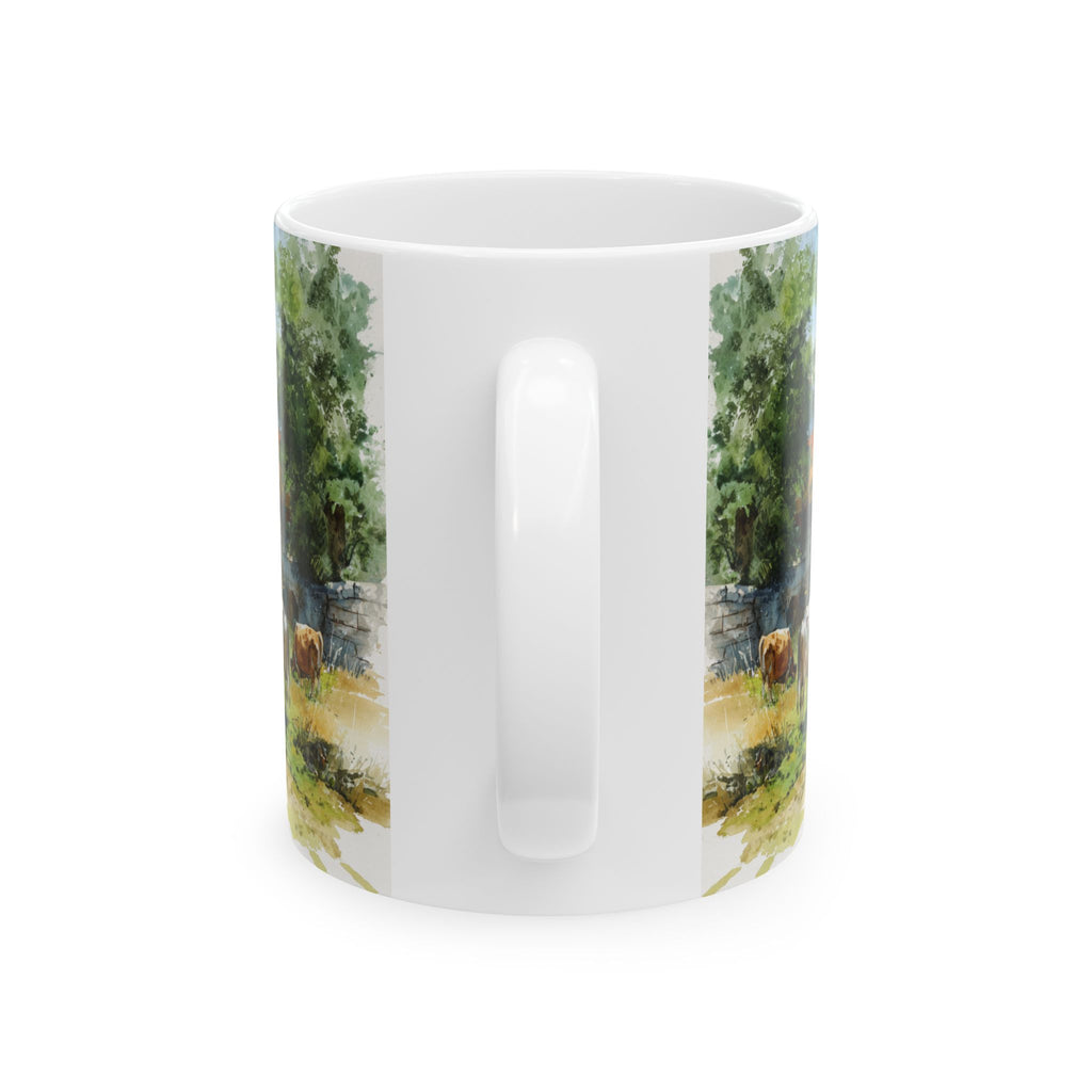 Back of Mug with a scenic design of trees and a path on a white background
