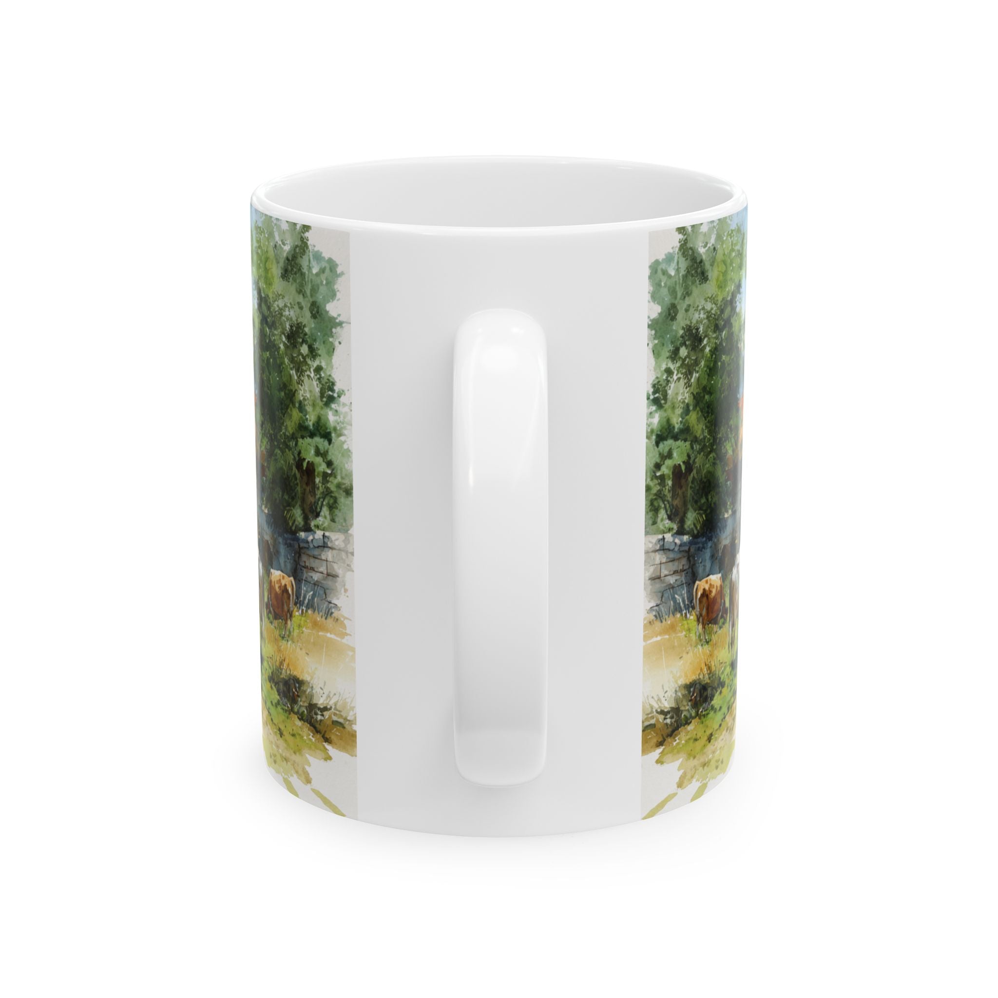 Back of Mug with a scenic design of trees and a path on a white background