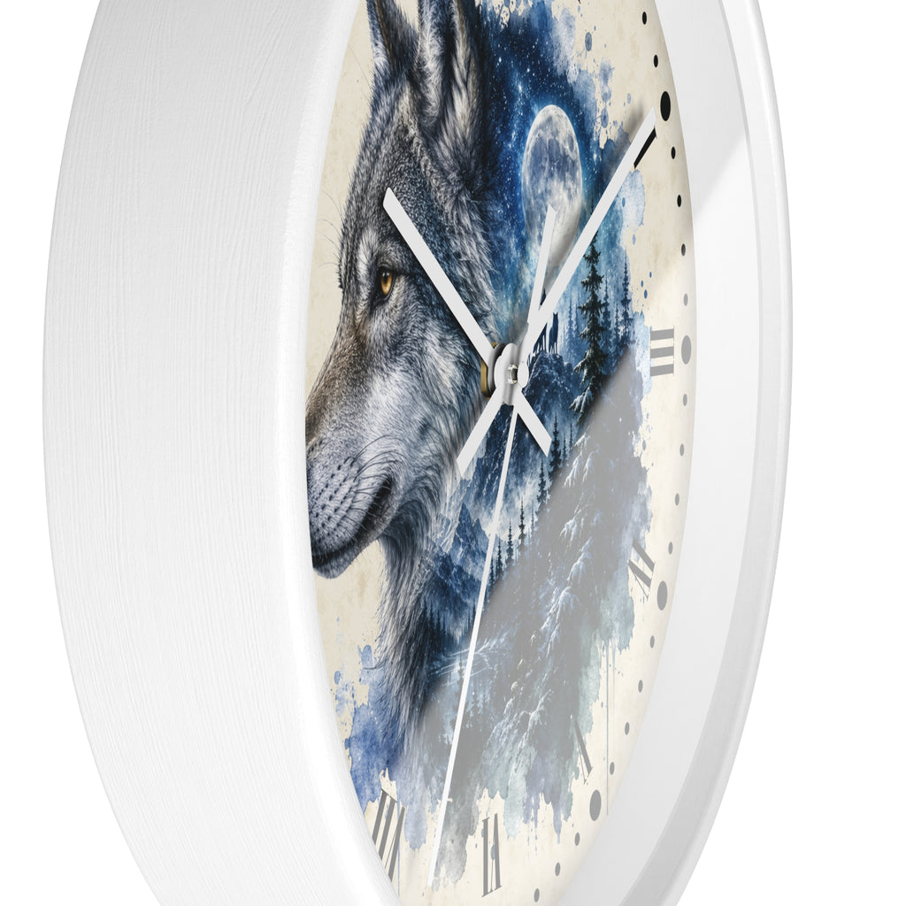 A round wall clock with a white frame and a printed face featuring a detailed wolf illustration over a blue and gray watercolor background with Roman numeral hour markers.