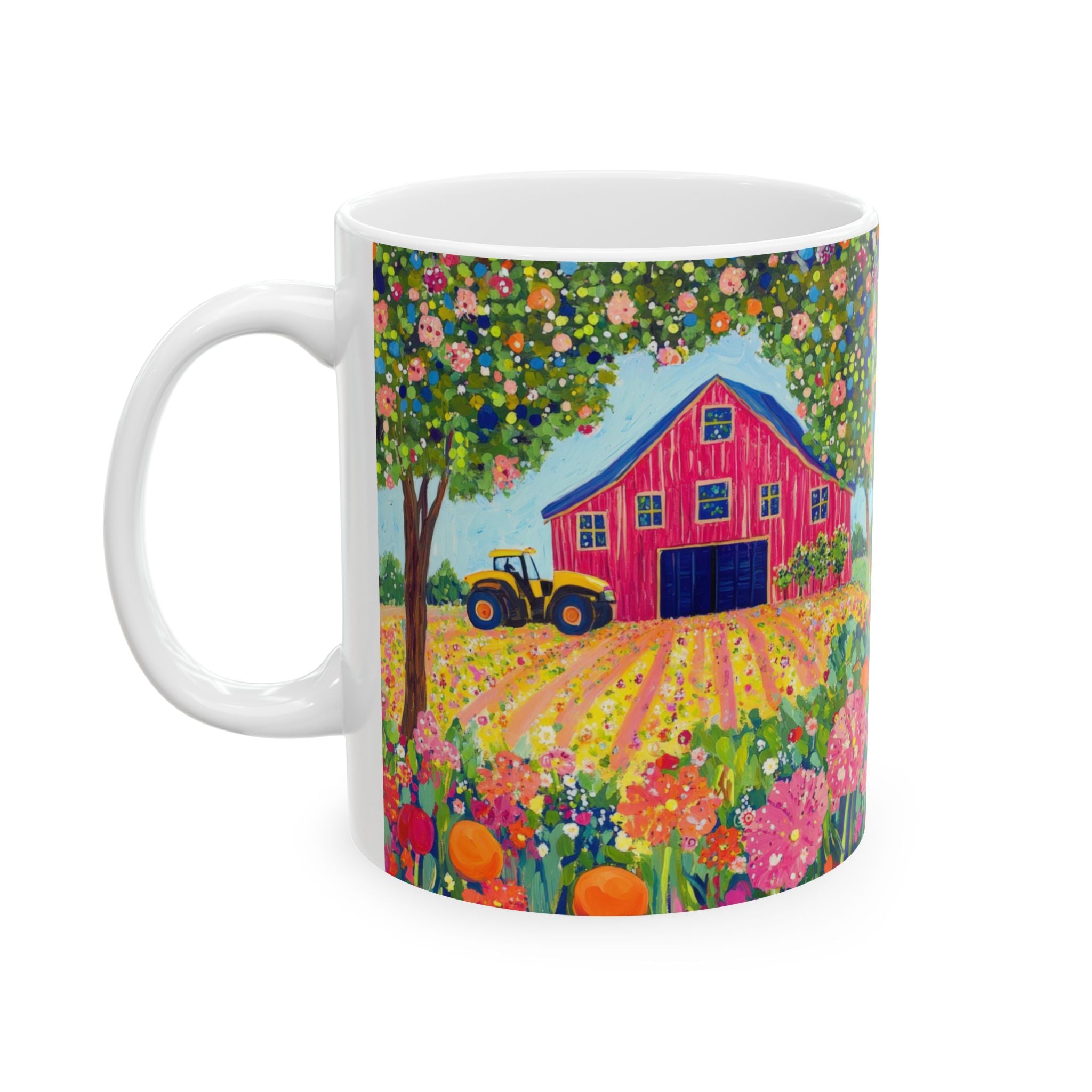 Mug with a colorful design of a pink barn, tractor, and flowers on a white background