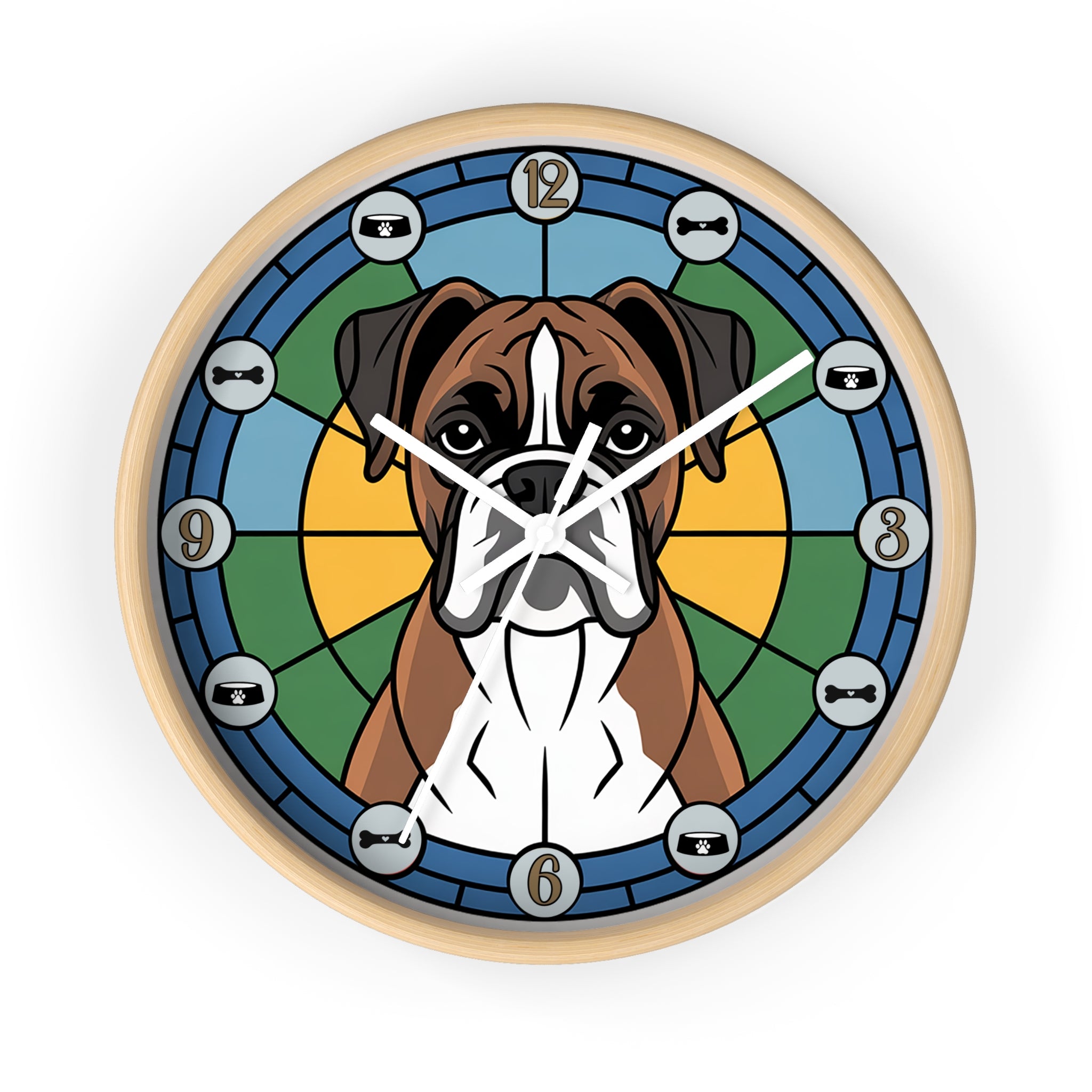 Wall clock with a dog illustration on a colorful circular design