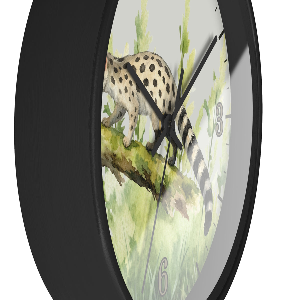 A close-up of a round wall clock with a black frame and a printed dial showing a spotted big cat walking along a branch against a light green watercolor-style background.