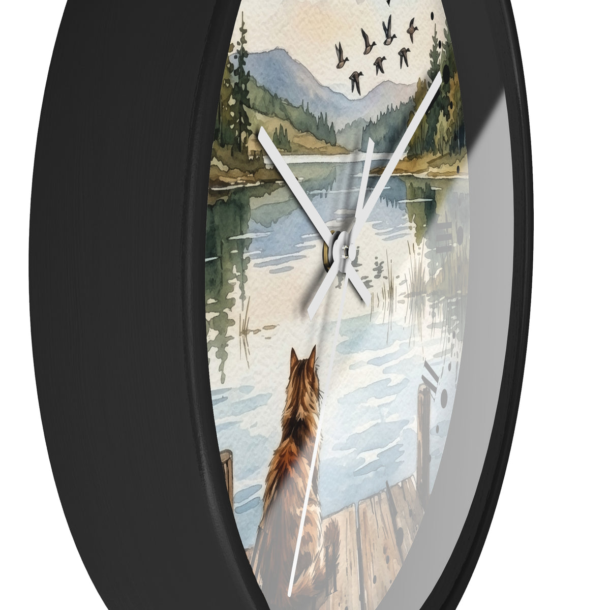 Lakefront Cat Watching Ducks Wall Clock —  Scenic Animal Decor