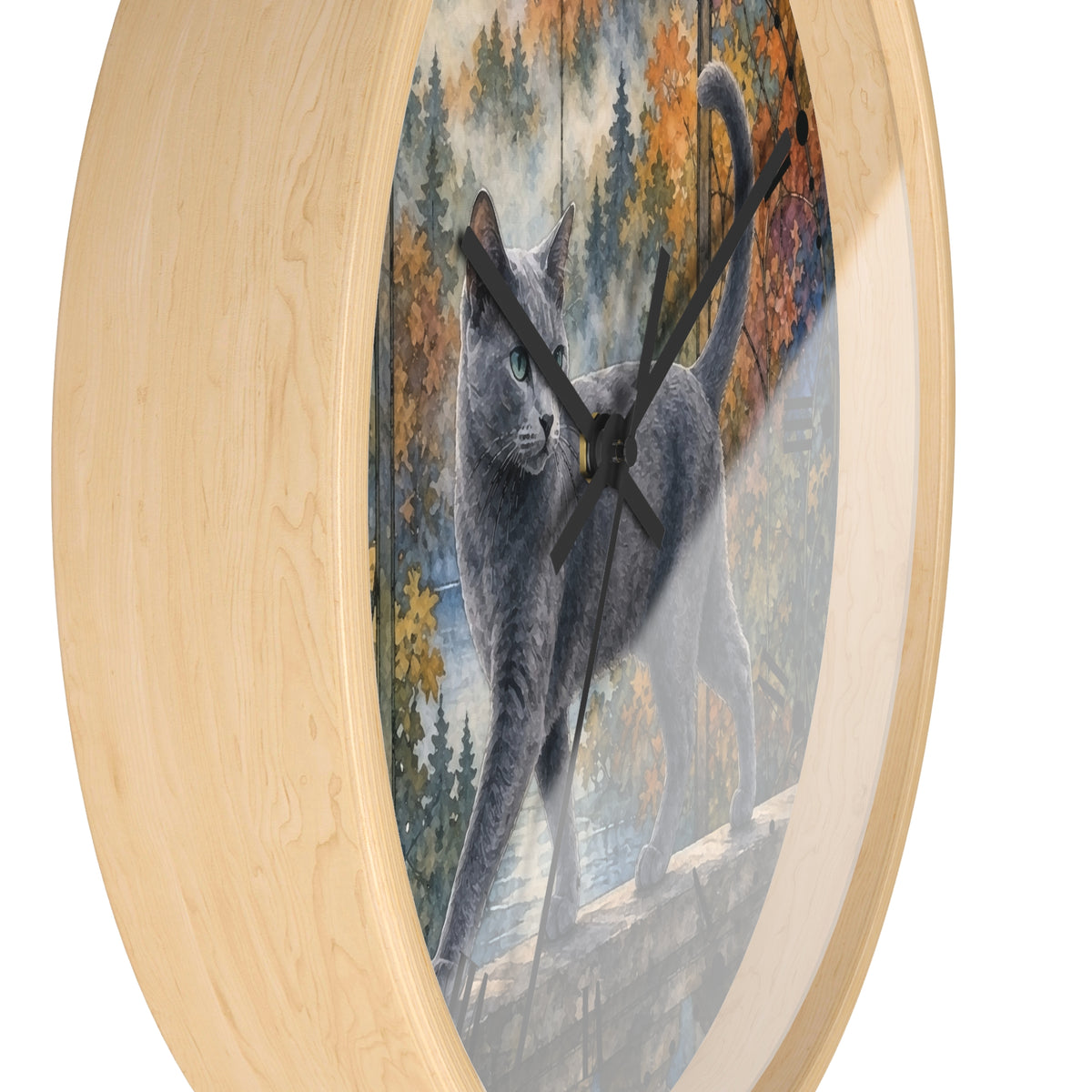 Majestic Gray Cat in Autumn Forest Wall Clock