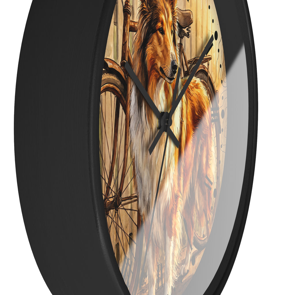 Round wall clock with a black frame and a printed artwork of a collie dog in front of wooden wagon wheels, shown against a plain white background.