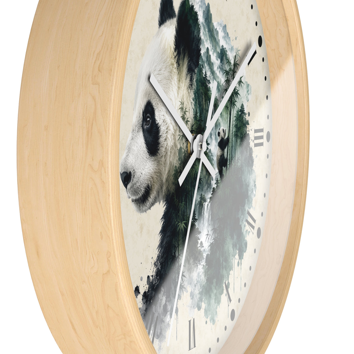 Round wall clock with a light natural wood frame and a printed panda face over a watercolor-style landscape on the dial, shown against a plain white background.