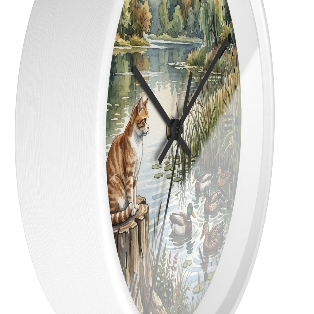 Orange Tabby by the Lake Wall Clock –  Cat & Ducks Scenic Decor