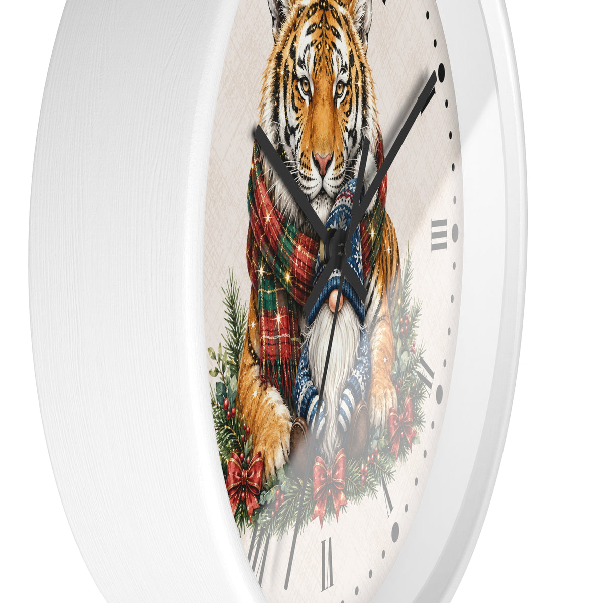 Tiger & Gnome Holiday Wall Clock — Festive Christmas Animal Home Decor