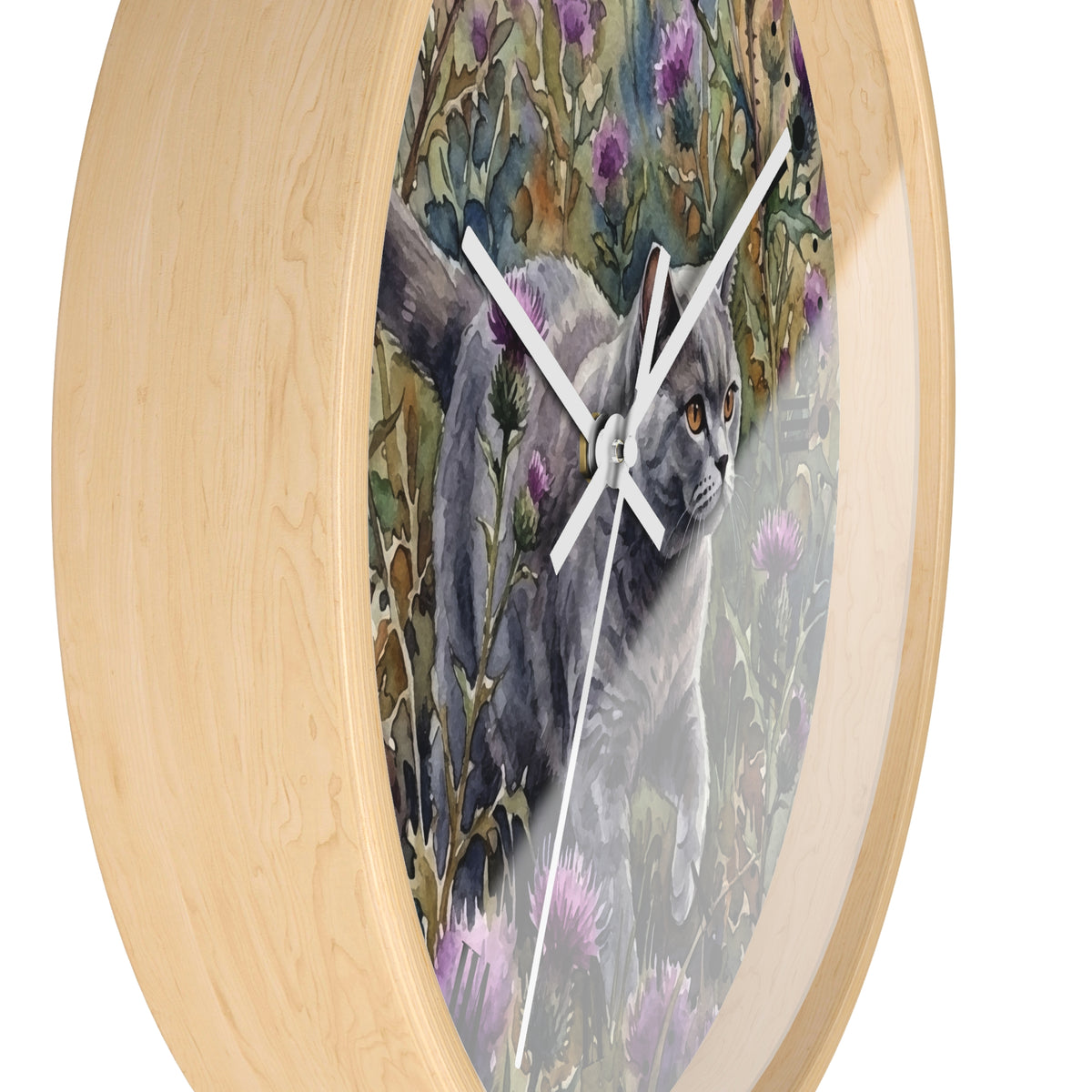 Gray Cat in Lavender Wildflowers Wood Wall Clock