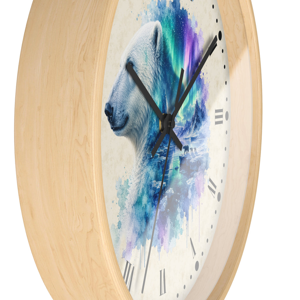 Polar Bear Aurora Layered Portrait Wall Clock — Northern Lights Wildlife Art Decor