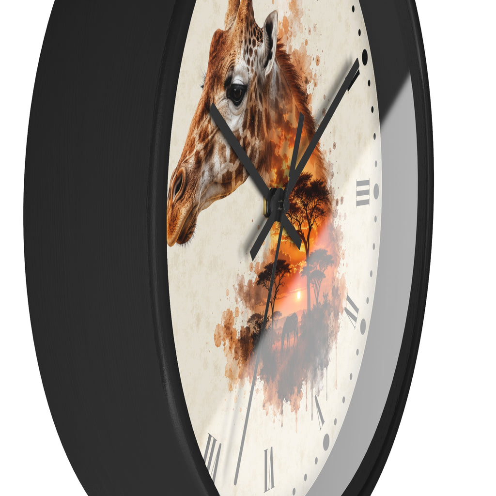 A close-up of a round wall clock with a black frame and a cream-colored face featuring a watercolor-style giraffe and sunset landscape design.