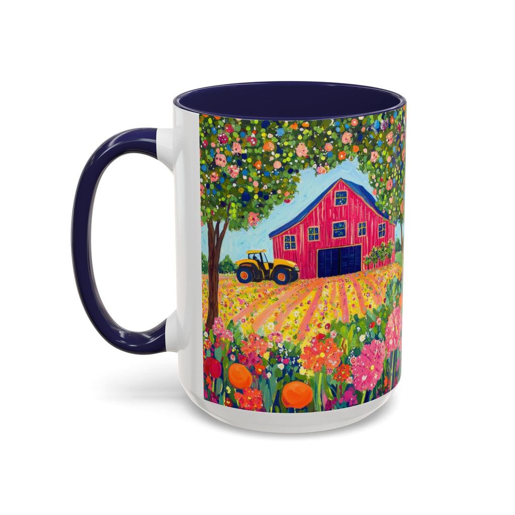 Mug with a colorful design of a red barn, tractor, and flowers on a white background