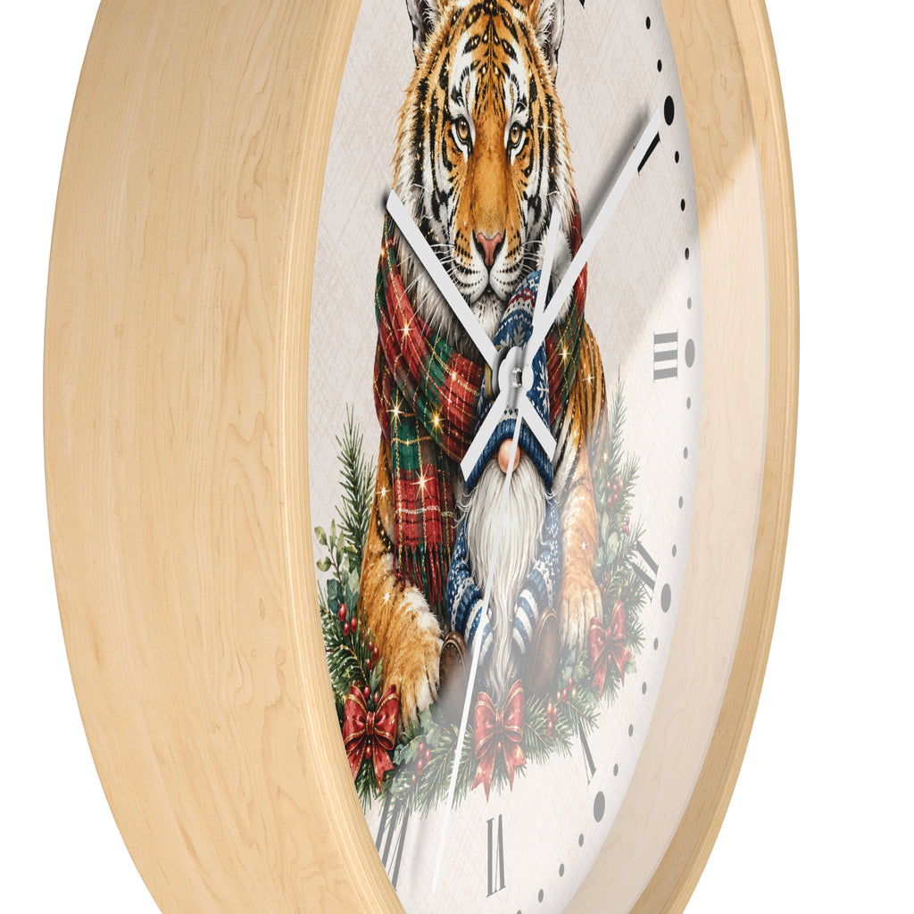 Tiger & Gnome Holiday Wall Clock — Festive Christmas Animal Home Decor