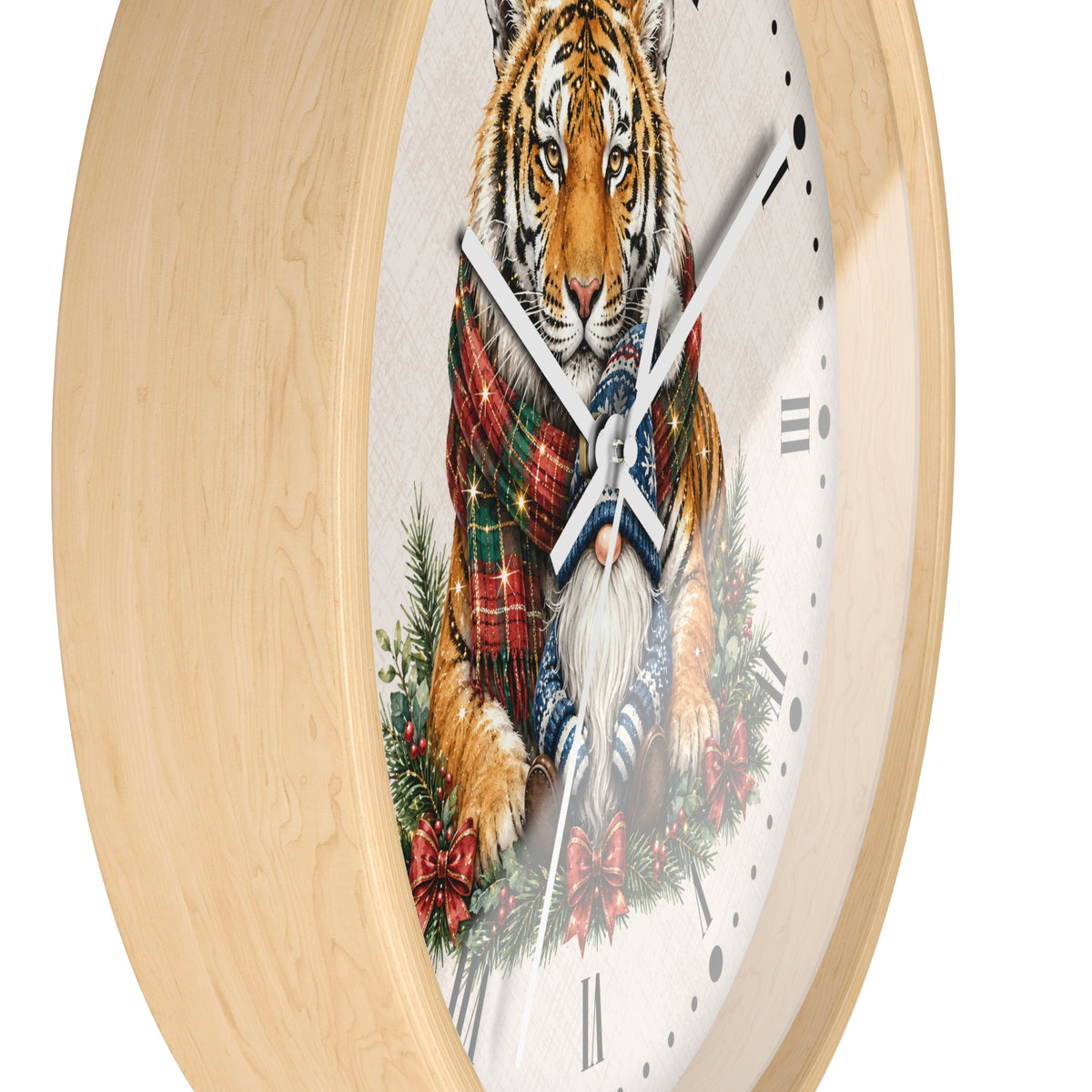 Tiger & Gnome Holiday Wall Clock — Festive Christmas Animal Home Decor