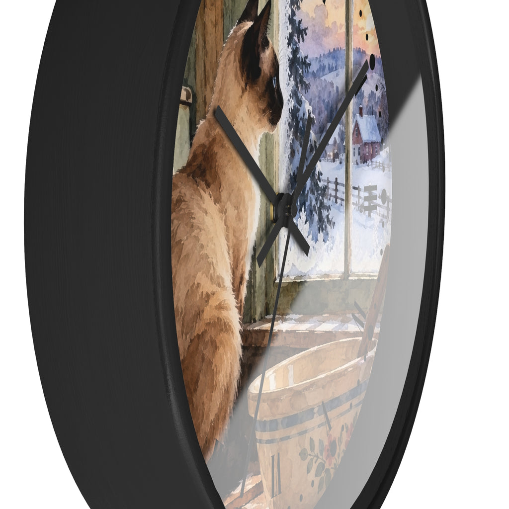Siamese Cat by the Winter Kitchen Window Wood Wall Clock