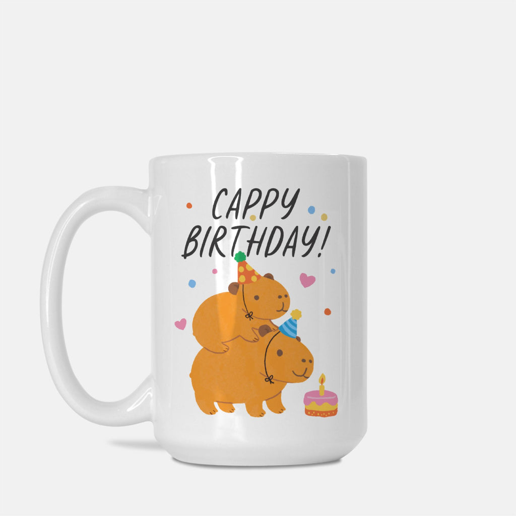 White mug with cartoon Capybaras wearing party hats and a birthday cake, and 'Cappy Birthday!' text on a white background.