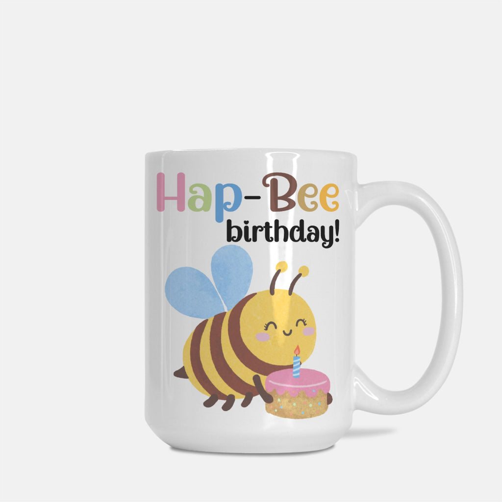 Mug with a bee design and 'Hap-Bee birthday!' text on a white background