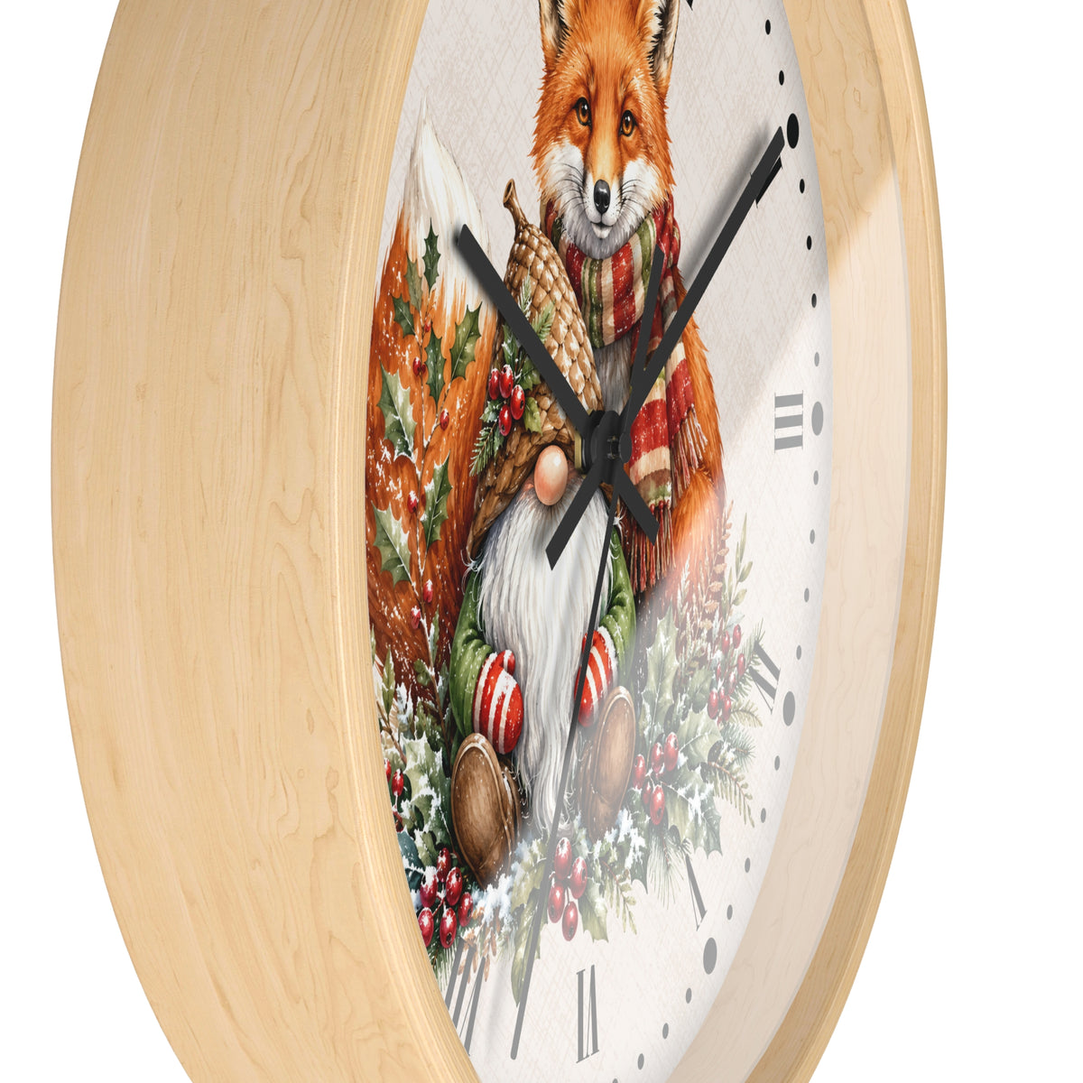 A round wall clock with a light natural wood frame and a white clock face featuring a festive illustration of a red fox wearing a plaid scarf and holding a basket, surrounded by holly and berries.