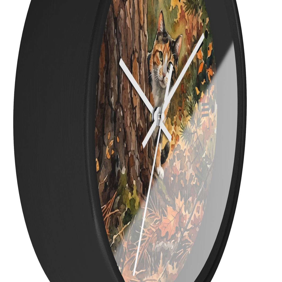 Round wall clock with a black frame and a printed autumn forest scene featuring a cat among tree bark, leaves, and sunlight, shown against a white background.