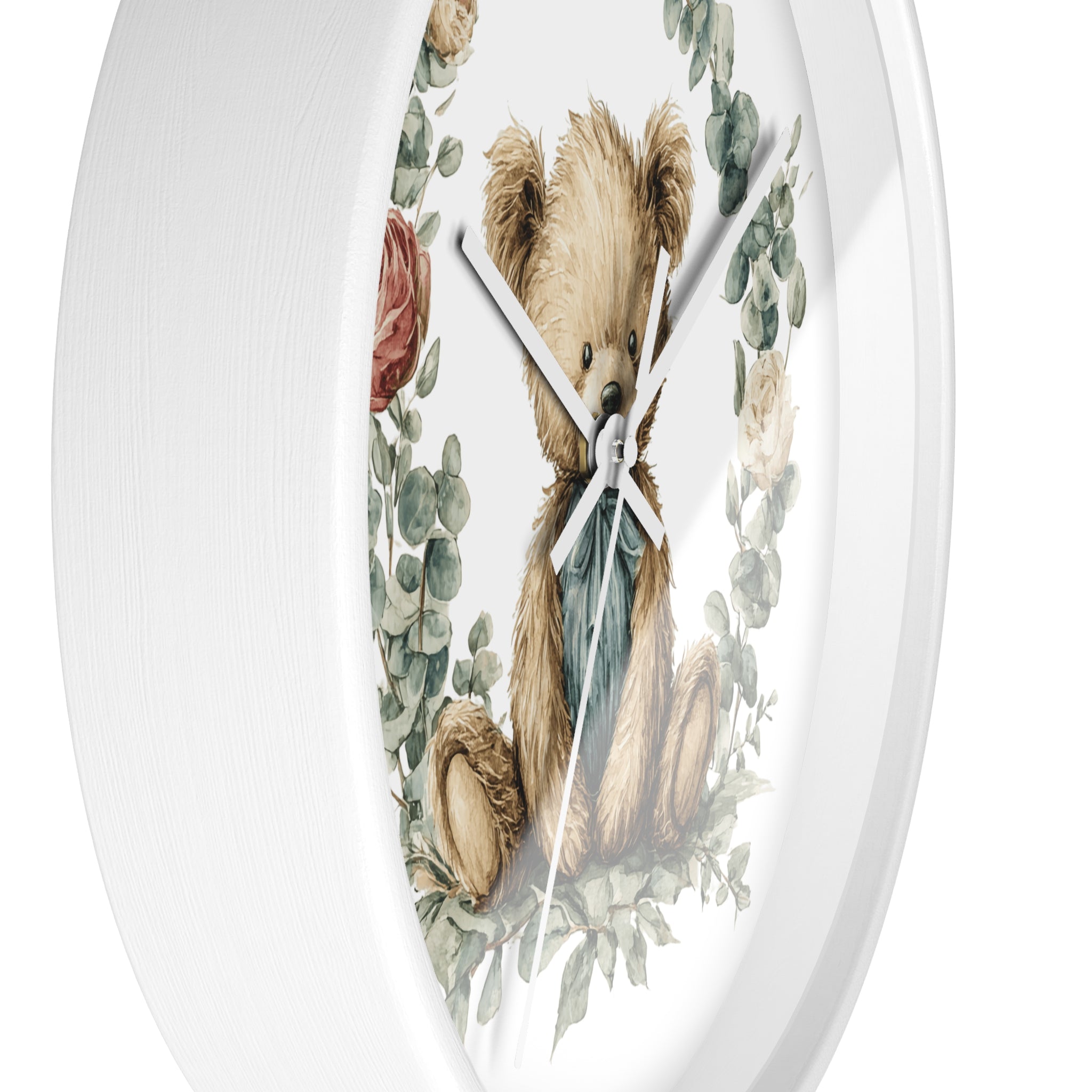 Teddy Bear Floral Wall Clock - Multiple Colors — Nursery Decor Clock with Soft Vintage Illustration