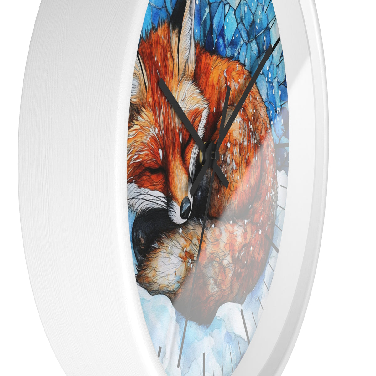 Round wall clock with a white frame and a printed illustration of a sleeping fox in warm orange-brown tones against a blue icy background.