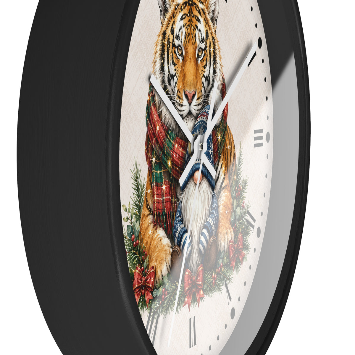Tiger & Gnome Holiday Wall Clock — Festive Christmas Animal Home Decor
