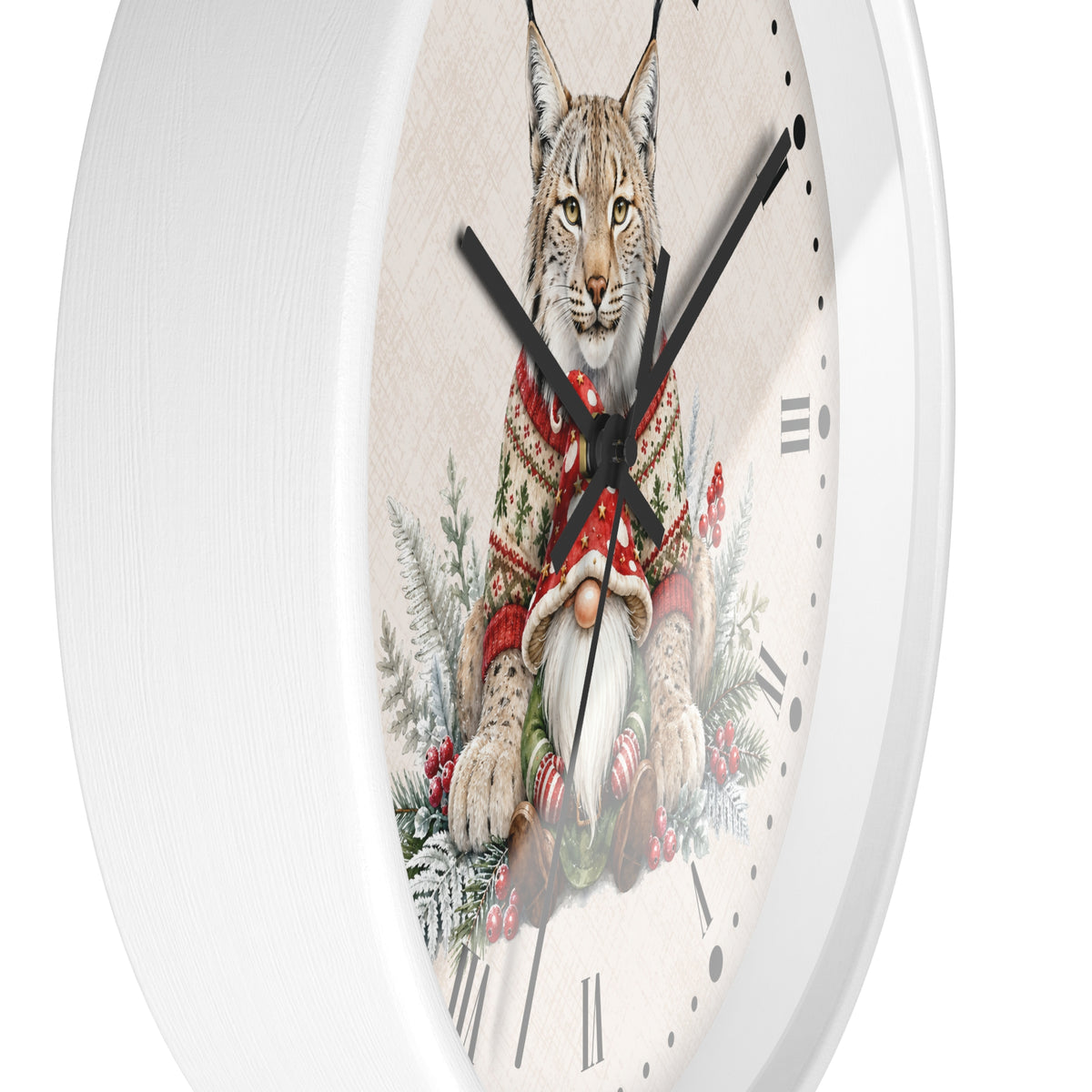 A white round wall clock with a printed design of a lynx wearing a red knit sweater and a gnome at the center, shown against a plain white background.