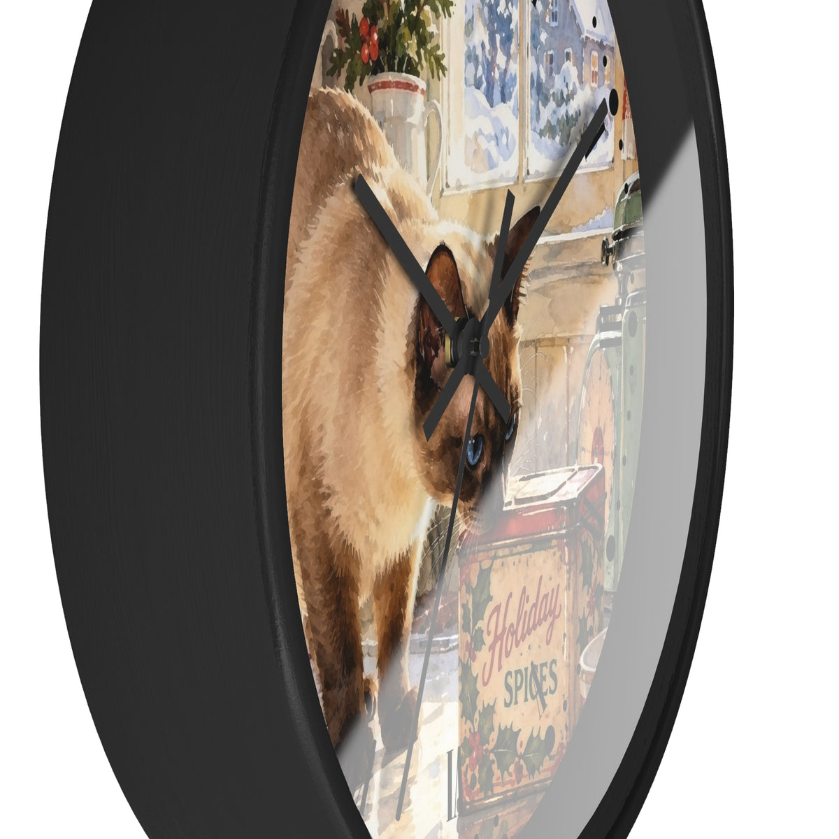 Retro Holiday Spice Siamese Cat Wood Wall Clock - Cat Lover Kitchen Decor