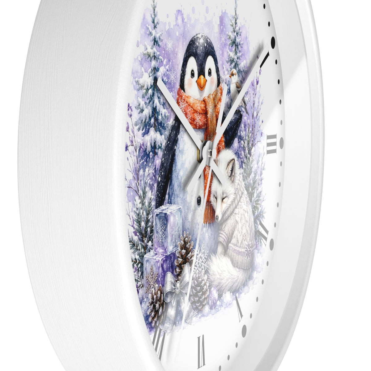 Winter Penguin & Fox Wall Clock – Festive Snowy Forest Decor