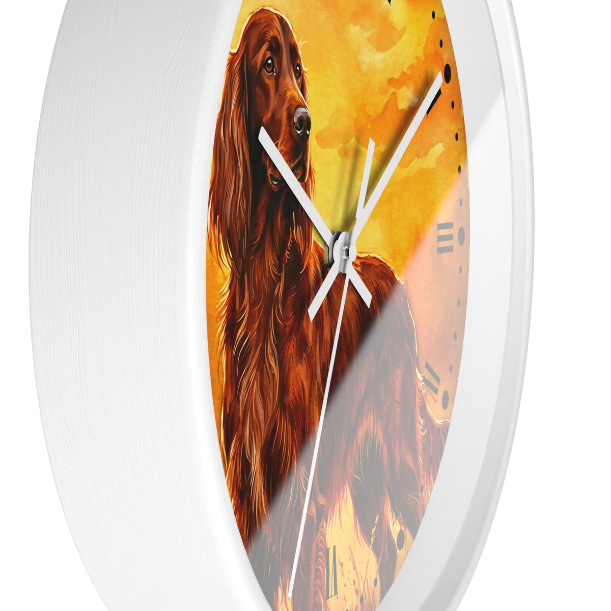 Round wall clock with a white frame and a printed dog artwork on the face, featuring a long-haired brown dog against a warm yellow-orange background.