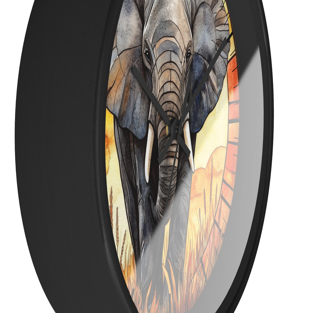 A round wall clock with a black frame and a printed illustration of an elephant on the face, set against a plain white background.