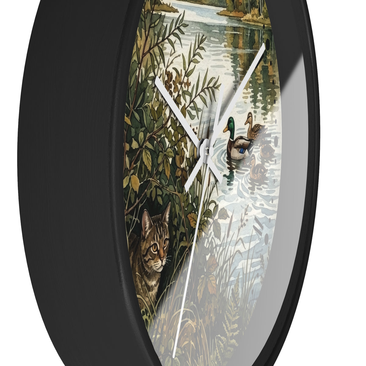 Woodland Cat and Ducks Lakeside Nature Wall Clock