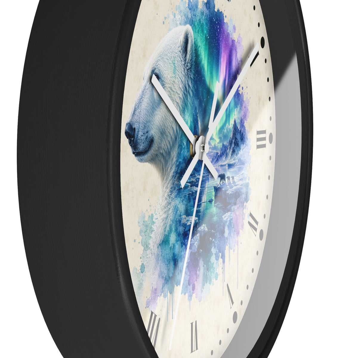 Polar Bear Aurora Layered Portrait Wall Clock — Northern Lights Wildlife Art Decor